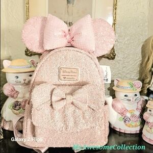 Disney Parks Loungefly RARE Millennial Pink Sequin Minnie Mouse Bow Backpack